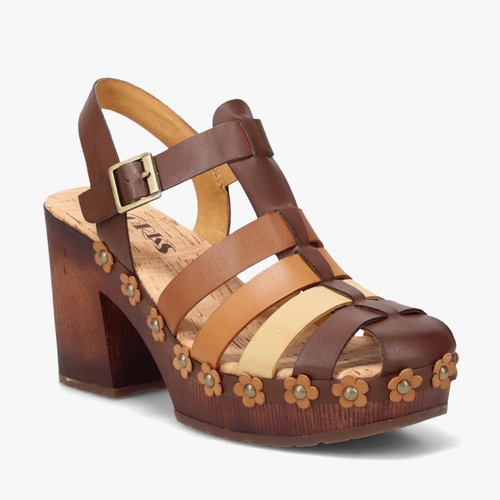 Kork-Ease Brown Multi-Striped Leather Platform Sandals